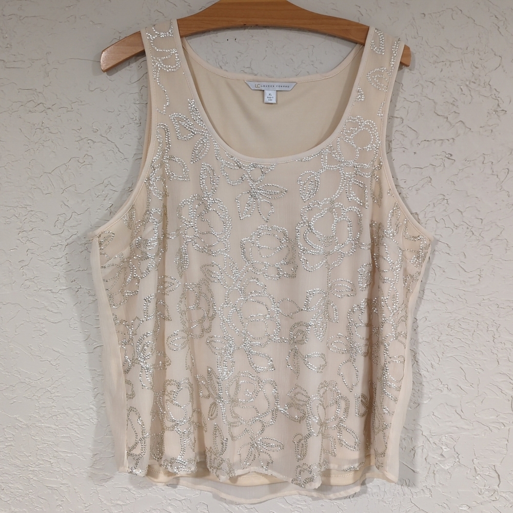 Lauren Conrad Cream and Silver Sequins Floral Tank Top - Women's XL Basic Simple